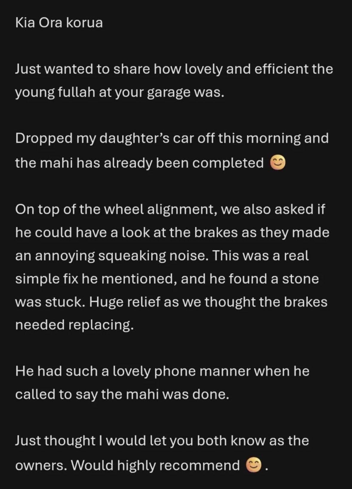 Customer message review praising fast service and phone manner